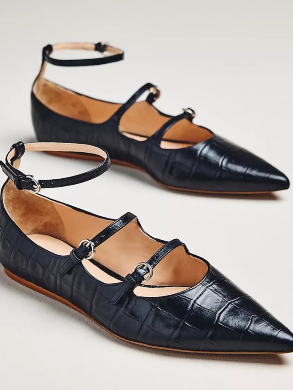 Maeve Triple-Strap Mary Jane Flats Black Leather Pointed Toe Size 10